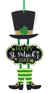 happy st patricks day leprechaun glitter hanging wall plaque sign with lucky irish shamrock clover on hat – vertical dangling welcome home decor – saint paddys door decoration