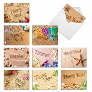 beach notes - 10 assorted thank you cards with envelopes (4 x 5.12 inch) - box of gratitude beach theme greeting cards - tropical vacation, ocean notecard stationery set am6113tyg-b1x10