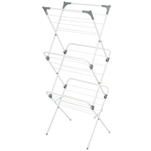 mDesign Tall Metal Foldable Laundry Clothes Drying Rack Stand - Compact, Portable, Folding, and Collapsible for Storage - Large Capacity, 27 Drying Rods, 46 Feet of Drying Hanger Space - White/Gray