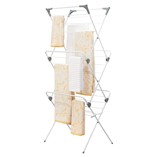 mDesign Tall Metal Foldable Laundry Clothes Drying Rack Stand - Compact, Portable, Folding, and Collapsible for Storage - Large Capacity, 27 Drying Rods, 46 Feet of Drying Hanger Space - White/Gray