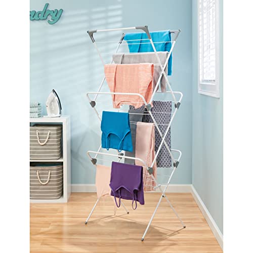 mDesign Tall Metal Foldable Laundry Clothes Drying Rack Stand - Compact, Portable, Folding, and Collapsible for Storage - Large Capacity, 27 Drying Rods, 46 Feet of Drying Hanger Space - White/Gray