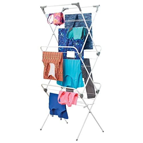 mDesign Tall Metal Foldable Laundry Clothes Drying Rack Stand - Compact, Portable, Folding, and Collapsible for Storage - Large Capacity, 27 Drying Rods, 46 Feet of Drying Hanger Space - White/Gray