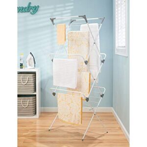 mDesign Tall Metal Foldable Laundry Clothes Drying Rack Stand - Compact, Portable, Folding, and Collapsible for Storage - Large Capacity, 27 Drying Rods, 46 Feet of Drying Hanger Space - White/Gray