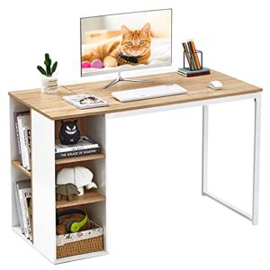 computer desk with storage shelves 47” white office desk with drawers small kids writing desk student study table modern wood pc laptop gaming desk for home work, splicing oak with metal legs
