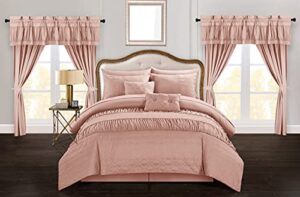 chic home mykonos 20 piece comforter set striped ruched ruffled embossed bag bedding, queen, coral