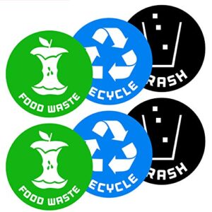 recycle,trash and compost (food waste) bin logo stickers (6 pack) 4in x 4in - organize trash - for metal or plastic garbage cans, containers and bins - indoor & outdoor - home, kitchen, or office