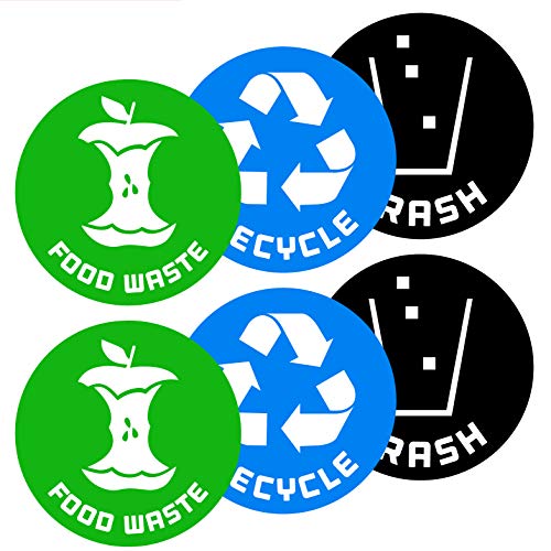 Recycle,trash and compost (food waste) bin logo stickers (6 Pack) 4in x 4in - Organize trash - For metal or plastic garbage cans, containers and bins - indoor & outdoor - Home, kitchen, or office