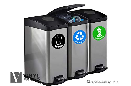 Recycle,trash and compost (food waste) bin logo stickers (6 Pack) 4in x 4in - Organize trash - For metal or plastic garbage cans, containers and bins - indoor & outdoor - Home, kitchen, or office