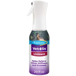 farnam vetrolin horse liniment spray for muscle soreness, stiffness and inflammation relief, helps reduce swelling, aids in pain relief, non-aerosol spray, easy application, 20 oz.