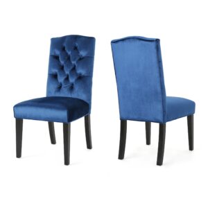 christopher knight home nickolai traditional crown top velvet dining chairs, 2-pcs set, navy blue / dark brown