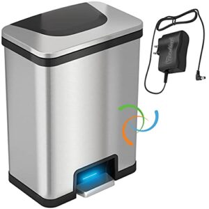 itouchless autostep 13 gallon automatic step sensor trash can with absorbx odor control system and ac adapter, stainless steel kitchen pedal touchless garbage bin (battery-free operation)