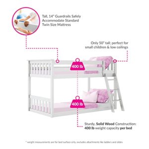 Max & Lily Low Bunk Bed, Twin-Over-Twin Wood Bed Frame For Kids, White