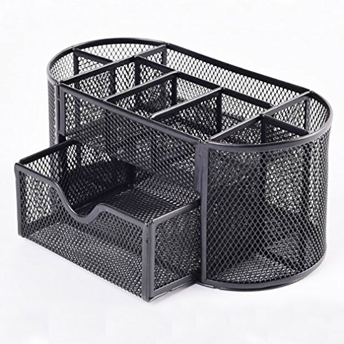 MONBLA Desk Supplies Organizer Multi-functional Stationery Caddy Mesh Oval Pencil Holder Desk Office Supplies Organizer 9 Compartments with Drawer for Note Pads Black