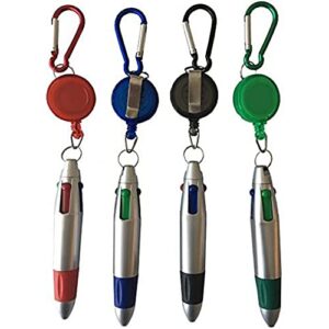 luckboostium 4 ink colors ballpoint pen on keychain - multi color pens with carabiner, retractable reel holder, and belt clip - gift for nurses, students, teachers, colleagues (silver, 4 pack)