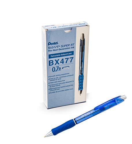 Pentel RSVP Super RT Ballpoint Pen, (0.7mm) Fine Line, Blue Ink, Box of 12 (BX477-C)