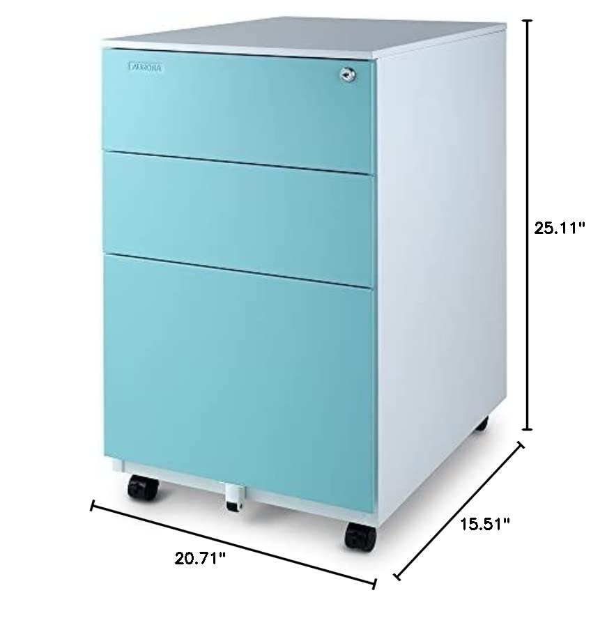 Aurora FC-103BL Fully Assembled Modern Soho Design 3-Drawer Metal Mobile File Cabinet with Lock Key, White/Aqua Blue