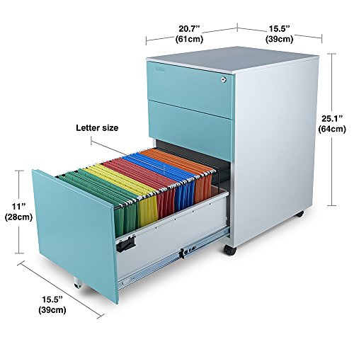 Aurora FC-103BL Fully Assembled Modern Soho Design 3-Drawer Metal Mobile File Cabinet with Lock Key, White/Aqua Blue