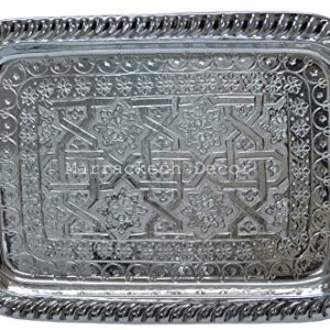 13.3 Inch Rectangular Moroccan Handmade Serving Tea Tray Silver Plated Brass Handcrafted Plate in Fez Morocco