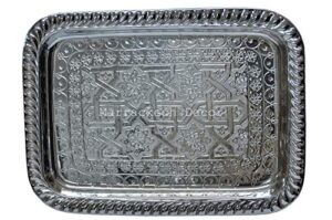 13.3 inch rectangular moroccan handmade serving tea tray silver plated brass handcrafted plate in fez morocco