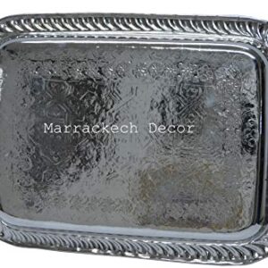 13.3 Inch Rectangular Moroccan Handmade Serving Tea Tray Silver Plated Brass Handcrafted Plate in Fez Morocco