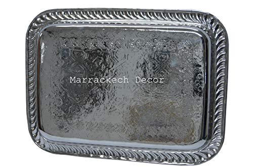 13.3 Inch Rectangular Moroccan Handmade Serving Tea Tray Silver Plated Brass Handcrafted Plate in Fez Morocco