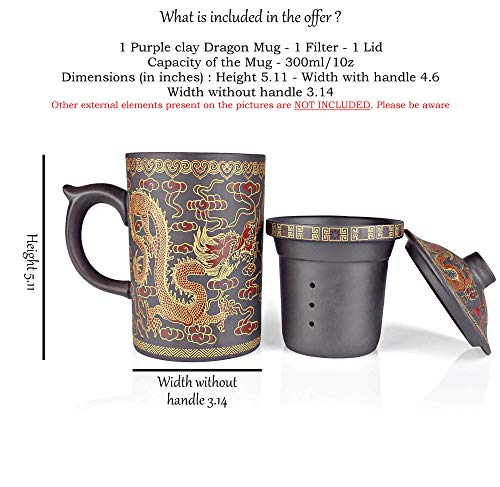 25DOL Chinese Tea Mug with Infuser and Lid 10Oz | Chinese Yixing Purple Clay Coffee Mug | Chinese Mug with Lid | Chinese Dragon Mug | Chinese Tea Infuser Mug | Travel Mug | Retain Heat very well