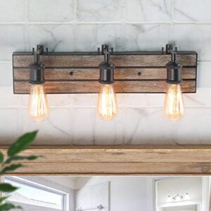 log barn vanity lights, bathroom fixtures in rustic wood and oil rubbed metal finish, farmhouse wall sconces with adjustable sockets over mirrors