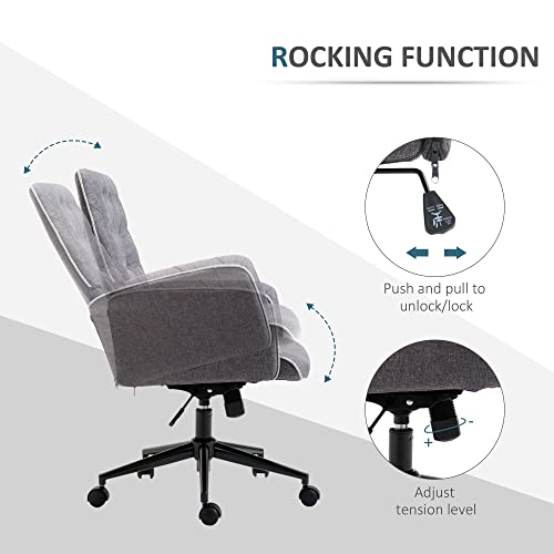 Vinsetto Modern Mid-Back Tufted Linen Home Office Desk Chair with Adjustable Height, Swivel Adjustable Task Chair with Padded Armrests, Dark Grey