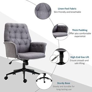 Vinsetto Modern Mid-Back Tufted Linen Home Office Desk Chair with Adjustable Height, Swivel Adjustable Task Chair with Padded Armrests, Dark Grey