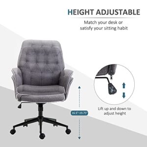 Vinsetto Modern Mid-Back Tufted Linen Home Office Desk Chair with Adjustable Height, Swivel Adjustable Task Chair with Padded Armrests, Dark Grey