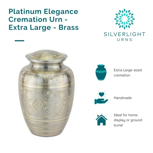 Platinum Elegance Cremation Urn for Ashes in Extra Large, Brass, Silver Urn, Extra Large Adult Sized Cremation Urn, 11.5 Inches High