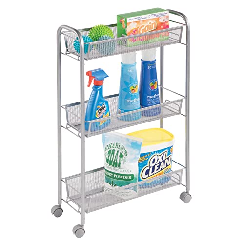 mDesign Steel Rolling Utility Cart Storage Organizer Trolley with 3 Basket Shelves for Laundry Room, Mudroom, Garage, Bathroom Organization - Holds Detergents, Hand Soap - Biro Collection, Silver