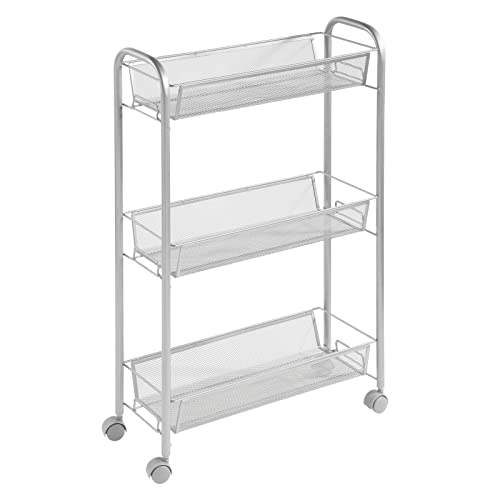 mDesign Steel Rolling Utility Cart Storage Organizer Trolley with 3 Basket Shelves for Laundry Room, Mudroom, Garage, Bathroom Organization - Holds Detergents, Hand Soap - Biro Collection, Silver