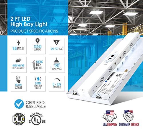 Parmida 2FT LED Linear High Bay Shop Light, 105W, 130LM/W, 0-10V Dimmable, Commercial Industrial Warehouse Area Lighting, 5000K, Hanging Chain Included, UL-Listed & DLC 4.2 Qualified