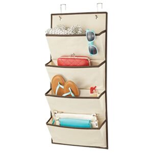 mdesign soft fabric over the door hanging storage organizer with 4 large pockets for closets in bedrooms, hallway, entryway, mudroom - hooks included - cream/espresso brown