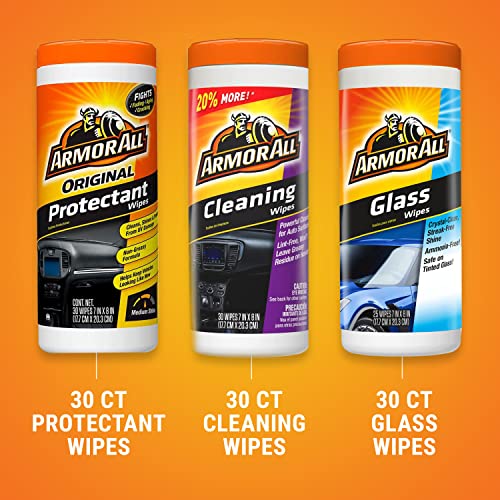 Armor All Car Wipes Multi-Pack, Cleans Vehicle Interior and Exterior, Includes Protectant Wipes, Glass Wipes, and Cleaning Wipes, 3-Pack, 30 Car Wipes Each (90 Wipes Total)