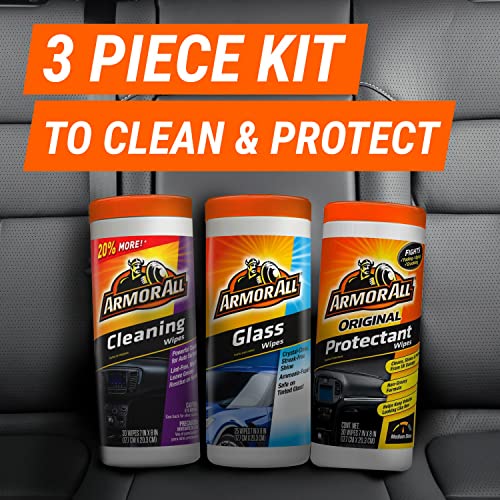 Armor All Car Wipes Multi-Pack, Cleans Vehicle Interior and Exterior, Includes Protectant Wipes, Glass Wipes, and Cleaning Wipes, 3-Pack, 30 Car Wipes Each (90 Wipes Total)