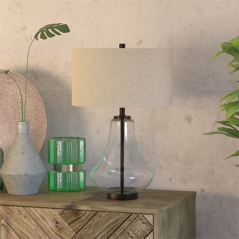 Lagos 23" Tall Table Lamp with Fabric Shade in Seeded Glass/Antique Bronze/Flax