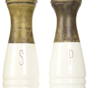 Mud Pie Farmhouse Wood and Enamel Mills Salt and Pepper Set, 10 1/2" x 3" dia, White, Brown