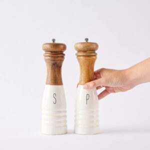 Mud Pie Farmhouse Wood and Enamel Mills Salt and Pepper Set, 10 1/2" x 3" dia, White, Brown