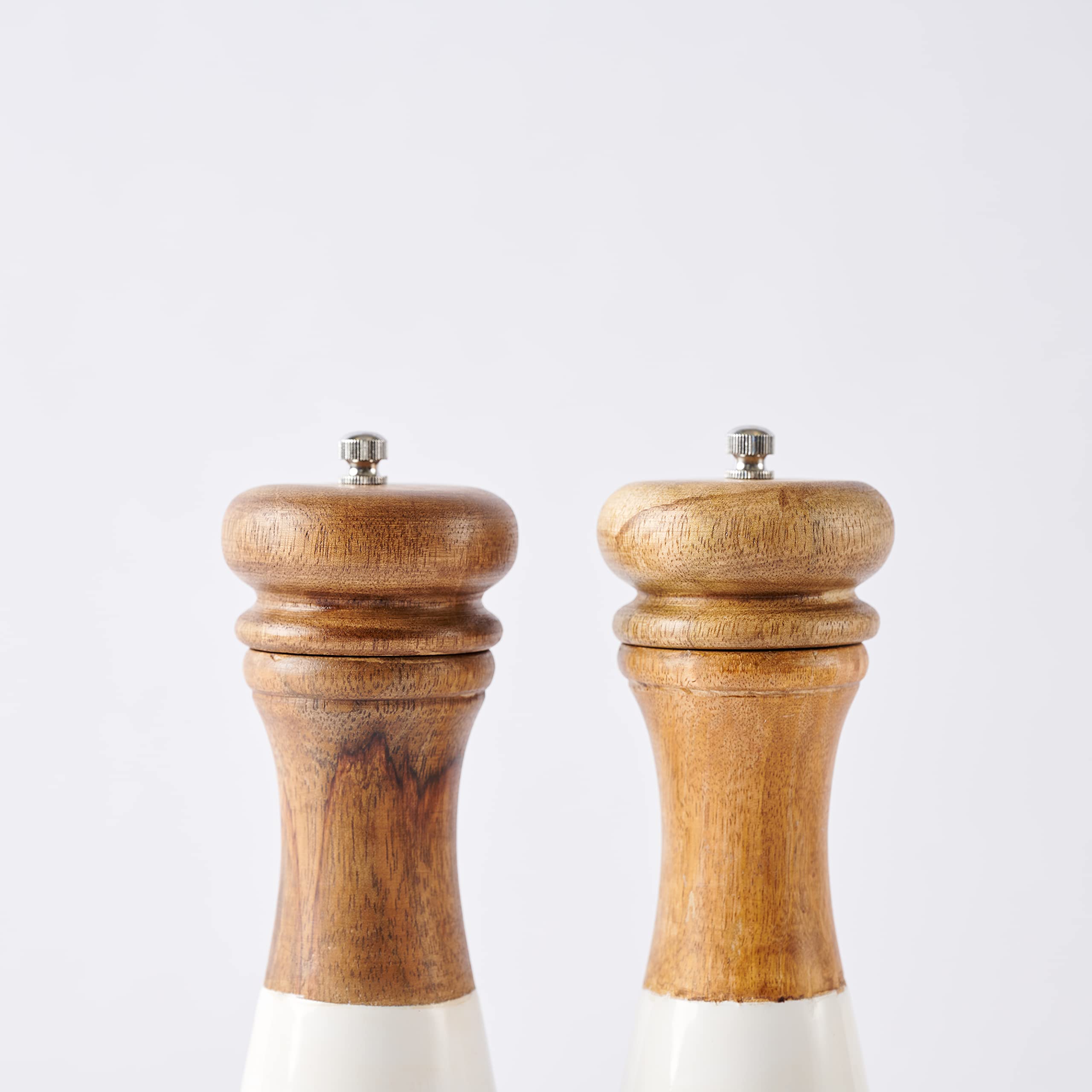 Mud Pie Farmhouse Wood and Enamel Mills Salt and Pepper Set, 10 1/2" x 3" dia, White, Brown