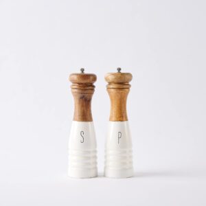 Mud Pie Farmhouse Wood and Enamel Mills Salt and Pepper Set, 10 1/2" x 3" dia, White, Brown