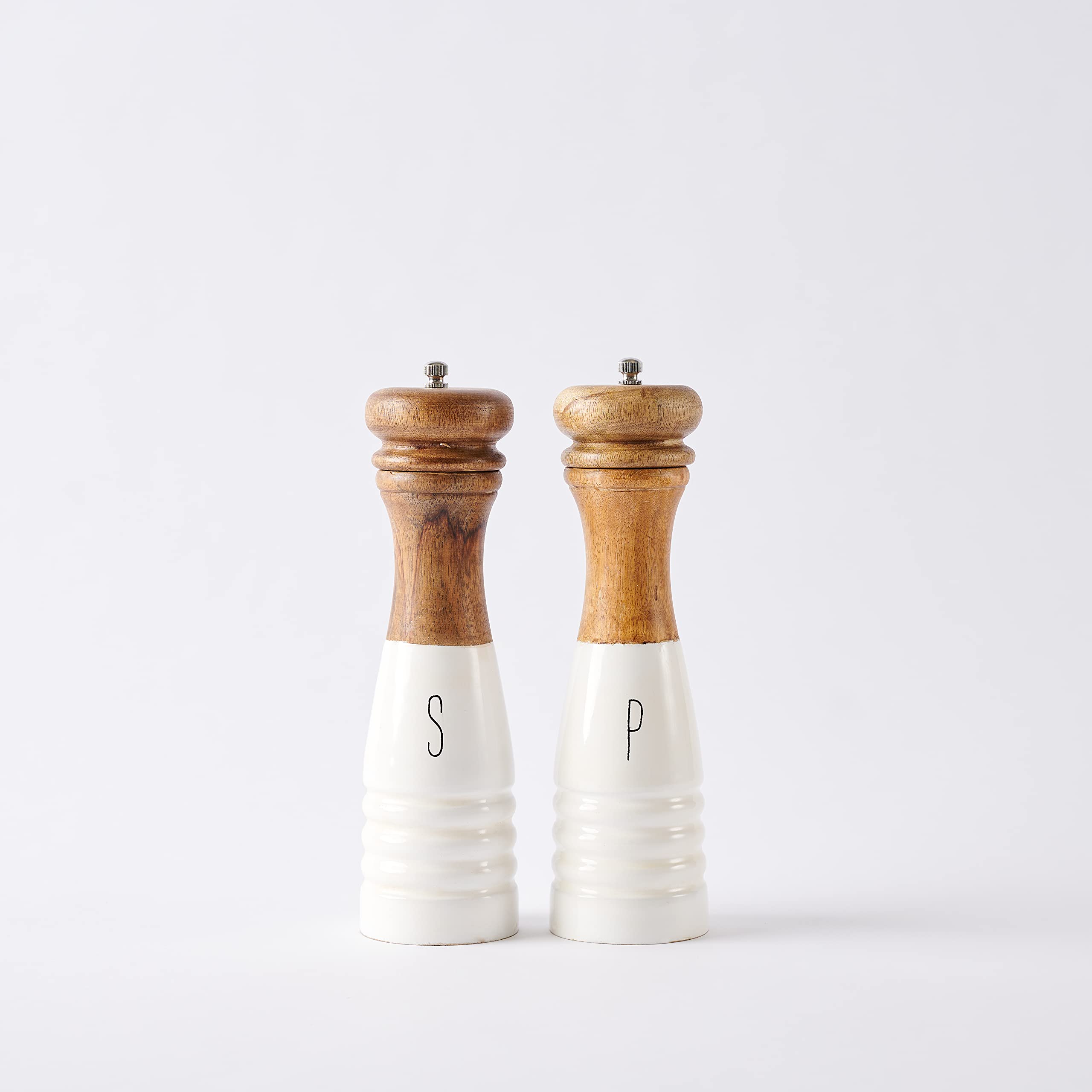 Mud Pie Farmhouse Wood and Enamel Mills Salt and Pepper Set, 10 1/2" x 3" dia, White, Brown