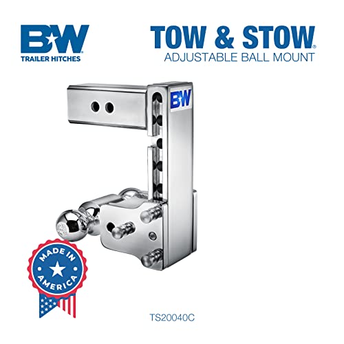 B&W Trailer Hitches Chrome Tow & Stow Adjustable Trailer Hitch Ball Mount - Fits 2.5" Receiver, Dual Ball (2" x 2-5/16"), 7" Drop, 14,500 GTW - TS20040C