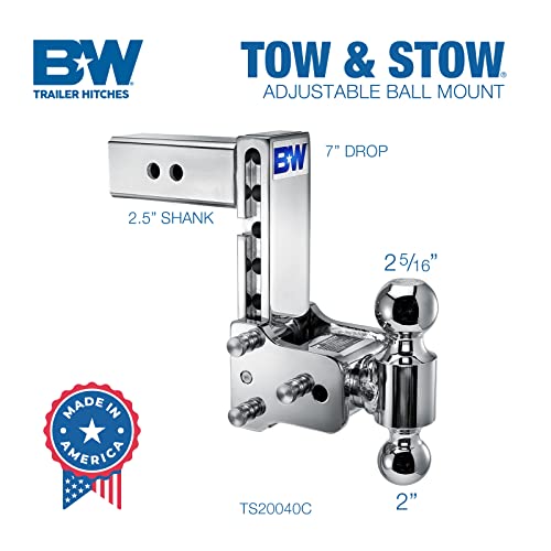 B&W Trailer Hitches Chrome Tow & Stow Adjustable Trailer Hitch Ball Mount - Fits 2.5" Receiver, Dual Ball (2" x 2-5/16"), 7" Drop, 14,500 GTW - TS20040C