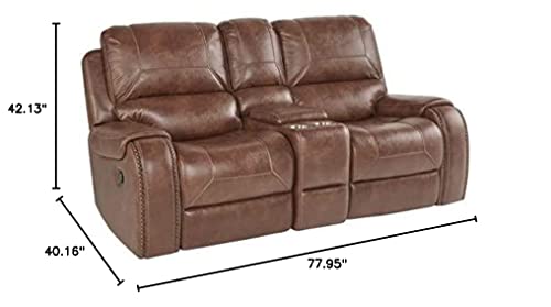 Roundhill Furniture Achern Brown Leather-Air Nailhead Manual Reclining Loveseat with Storage Console