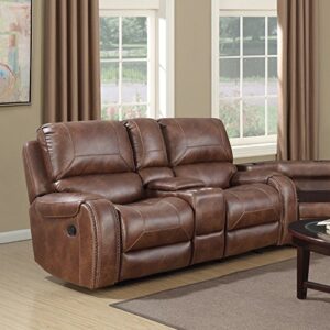 roundhill furniture achern brown leather-air nailhead manual reclining loveseat with storage console