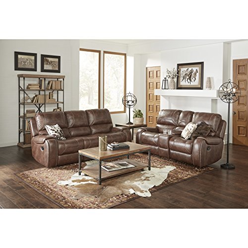 Roundhill Furniture Achern Brown Leather-Air Nailhead Manual Reclining Loveseat with Storage Console