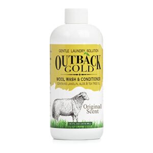 outback gold wool wash, 16 oz, original scent, plant based laundry detergent for delicates, sheepskin, silk, baby items, mild liquid soap with lanolin