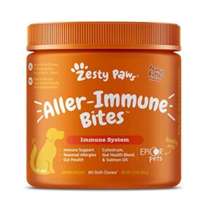 zesty paws allergy immune supplement for dogs - with omega 3 salmon fish oil & epicor pets + probiotics for seasonal allergies - peanut butter